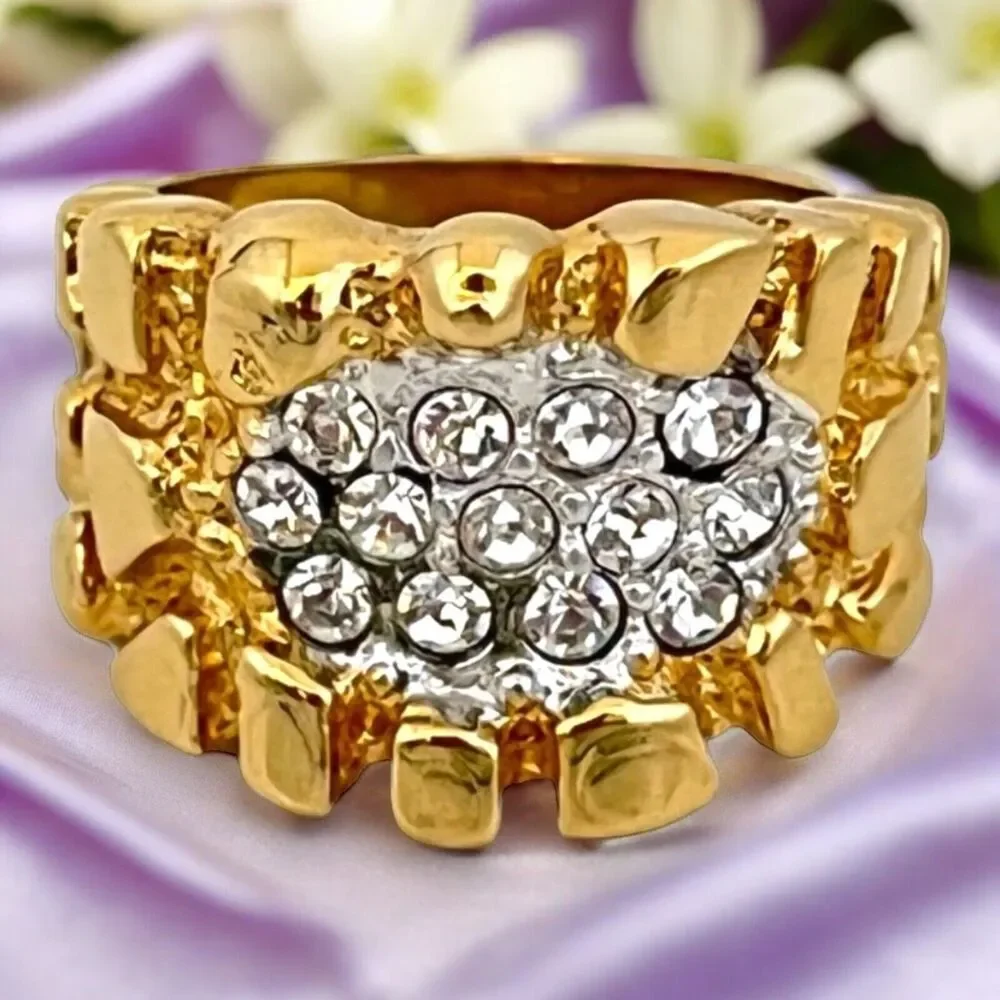Vintage 1970s Uncas Nugget Ring Size 7  14KT Gold Plate Pave Crystal - 14O